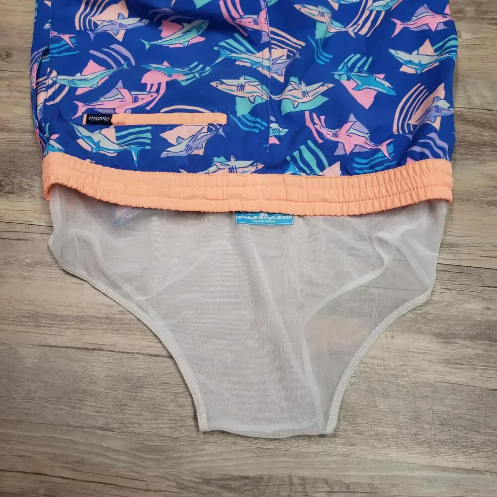 Chubbies Swim Trunks Boys Youth Small 8/9 Blue Shark Print Mesh Lined Shorts